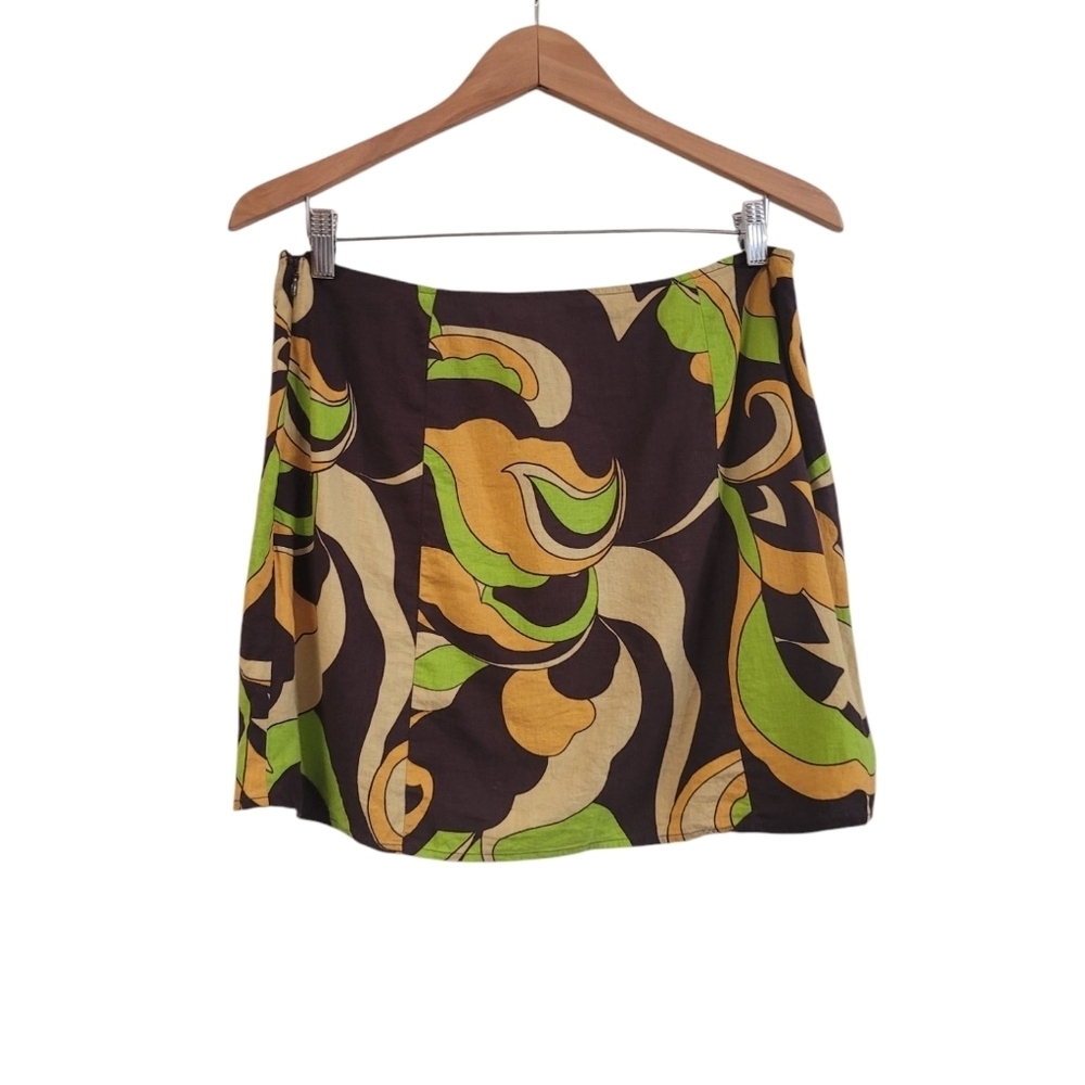 New Urban Outfitters Green Retro Phychedelic Linen Blend Mini Skirt Large 70s - Picture 5 of 7